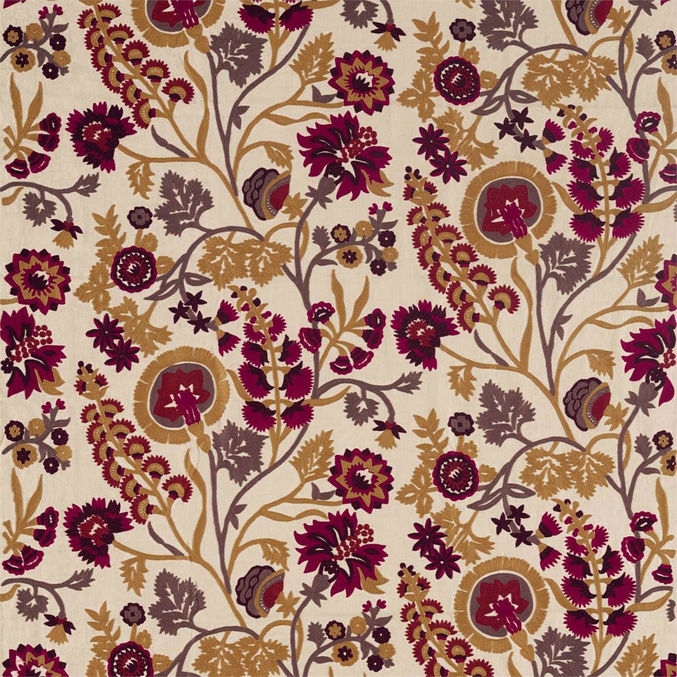 ZOFFANY Hardwick Crewel Fabric Classic Floral Antique Gold,Cinnabar   - ZDAR332969