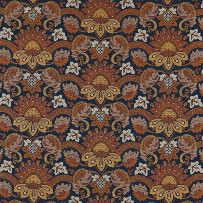 Navy fabric with large orange-gold floral damask pattern and cream accents; ornate upholstery or drapery textile.