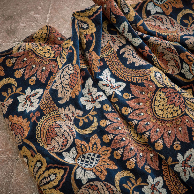 ZOFFANY Pomegranate Velvet Fabric Damasks Indigo , Terracota   - ZDEV333313