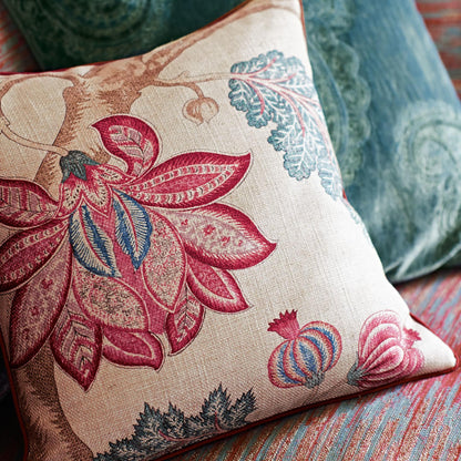 Zoffany Kalamkari Jaipur fabric featuring large indigo and red floral pattern on a linen-viscose blend — perfect for drapery, pillows, and elegant interiors.