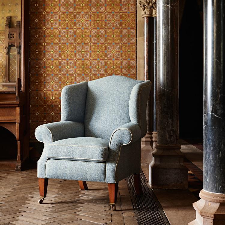 Zoffany “Banyan” Soft Blue fabric showing wool-linen blend with textured herringbone and flecked effect in soft blue — suitable for upholstery, curtains and cushions.