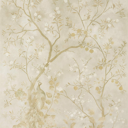 Rotherby Old Gold Zoffany wallpaper featuring peacock chinoiserie design with floral blossom branches in rich gold tones, luxury designer wallpaper for feature wall, elegant classic interior décor for living room bedroom