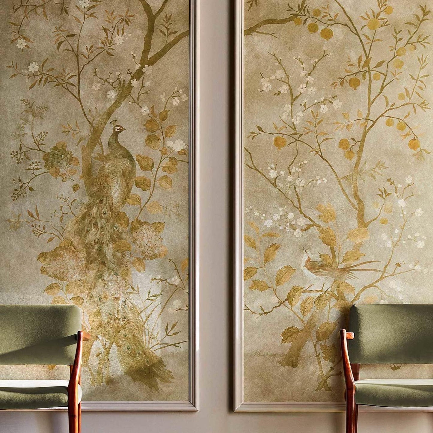 Rotherby Old Gold Zoffany wallpaper featuring peacock chinoiserie design with floral blossom branches in rich gold tones, luxury designer wallpaper for feature wall, elegant classic interior décor for living room bedroom