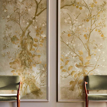 Rotherby Old Gold Zoffany wallpaper featuring peacock chinoiserie design with floral blossom branches in rich gold tones, luxury designer wallpaper for feature wall, elegant classic interior décor for living room bedroom