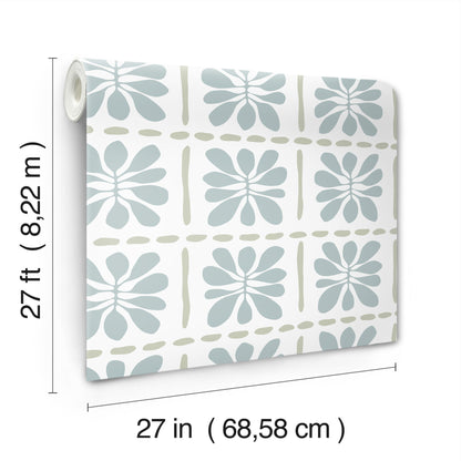 York Wallcoverings Artisan Studio Mimosa Fleur Mineral Wallpaper Retro Bohemian Blues   - ZM2806