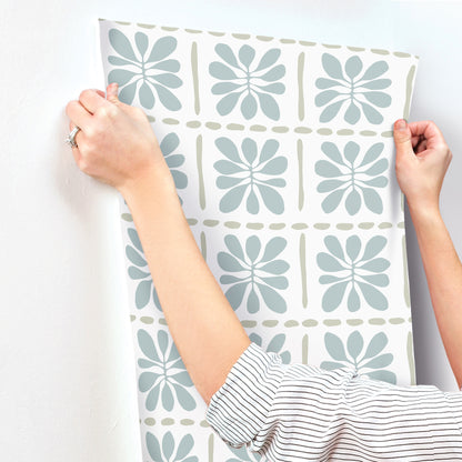 York Wallcoverings Artisan Studio Mimosa Fleur Mineral Wallpaper Retro Bohemian Blues   - ZM2806