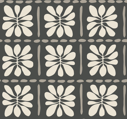 York Wallcoverings Artisan Studio Mimosa Fleur Carbon Black Wallpaper Retro Bohemian Blacks   - ZM2810