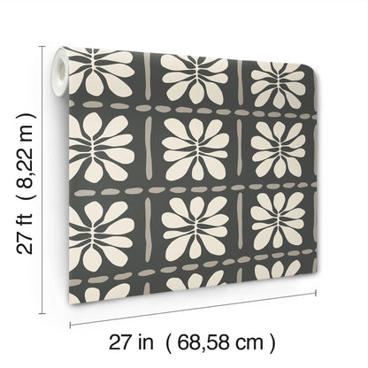 York Wallcoverings Artisan Studio Mimosa Fleur Carbon Black Wallpaper Retro Bohemian Blacks   - ZM2810