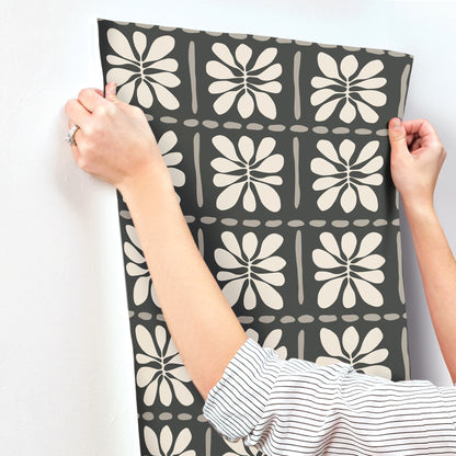 York Wallcoverings Artisan Studio Mimosa Fleur Carbon Black Wallpaper Retro Bohemian Blacks   - ZM2810