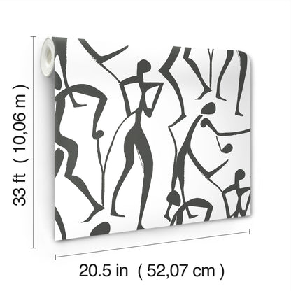 Abstract black line-dancer figures on a light background; carbon-black wallpaper.