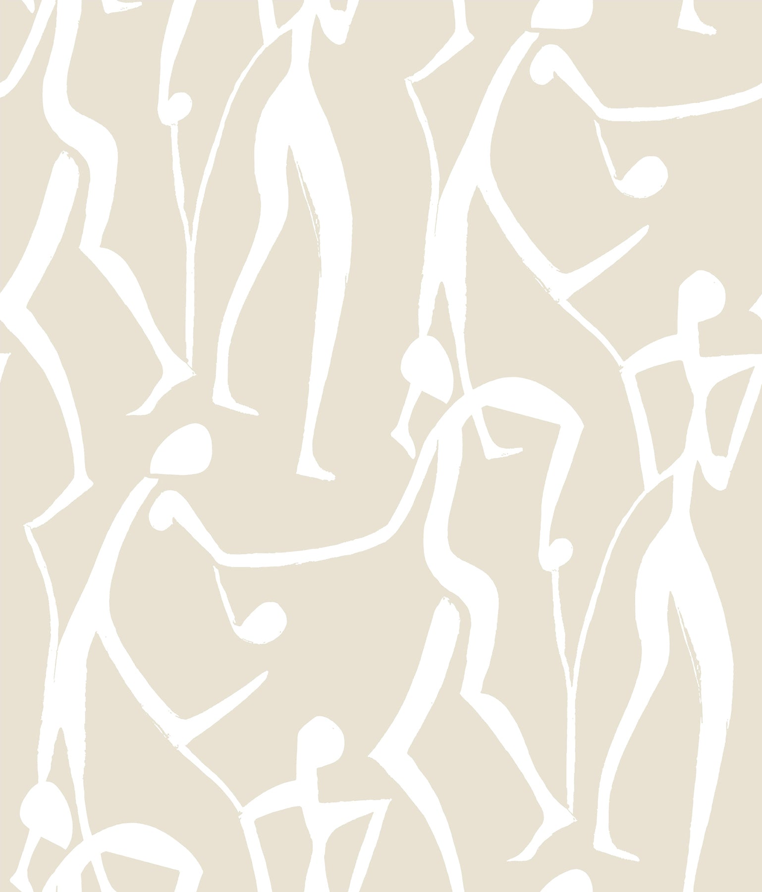 ZM2834 beige wallpaper with white abstract elongated nude dancer figures in a repeating modern pattern.