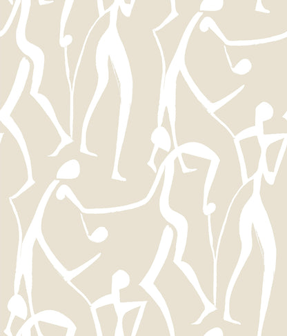ZM2834 beige wallpaper with white abstract elongated nude dancer figures in a repeating modern pattern.