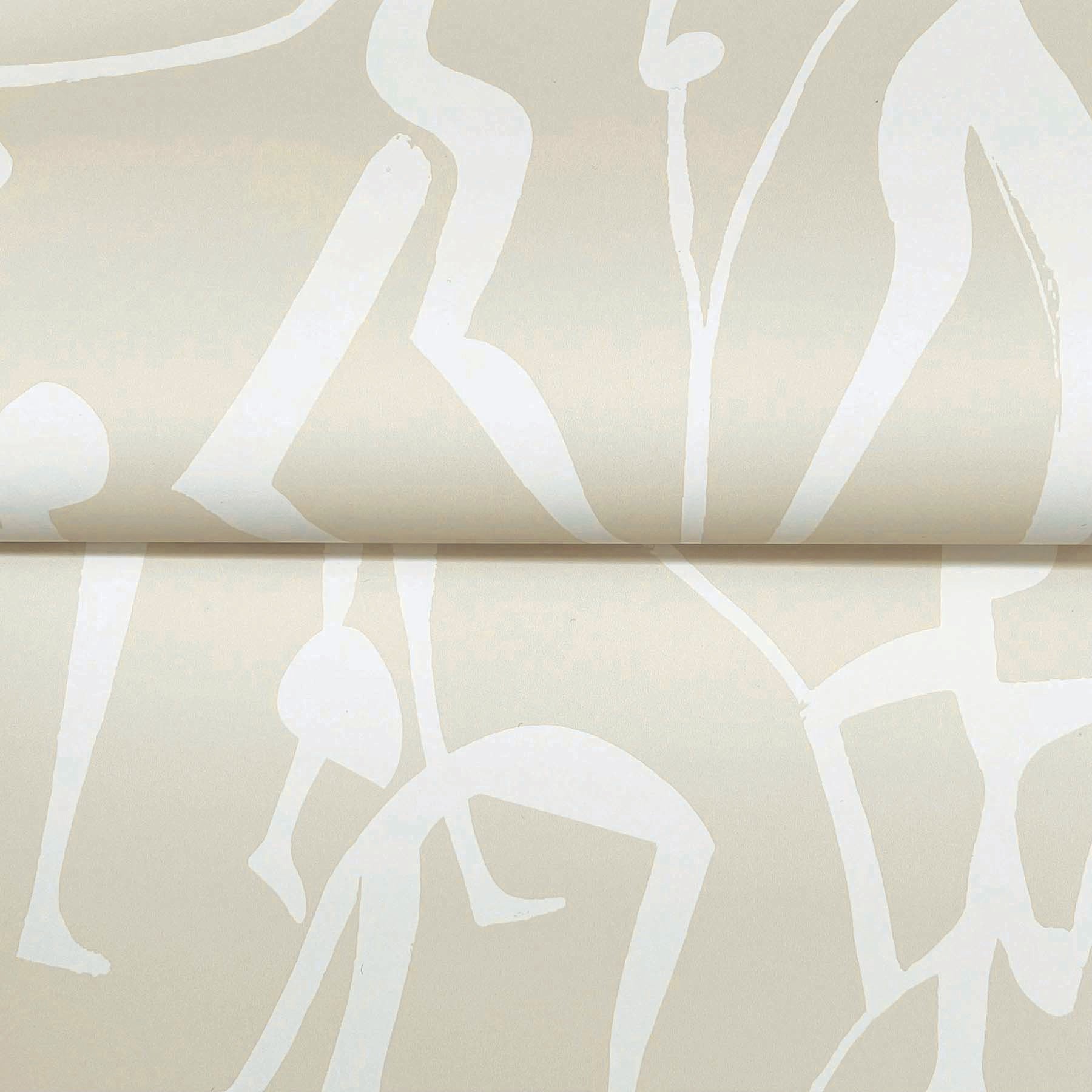 Beige wallpaper with white line-drawn nude dancers; modern bohemian pattern.