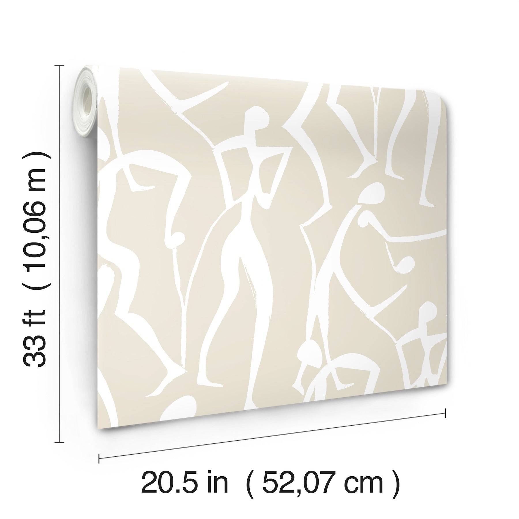 Beige wallpaper with abstract white line-drawn nude dancers in a modern minimalist design; landscape-oriented.