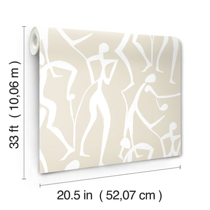 Beige wallpaper with abstract white line-drawn nude dancers in a modern minimalist design; landscape-oriented.