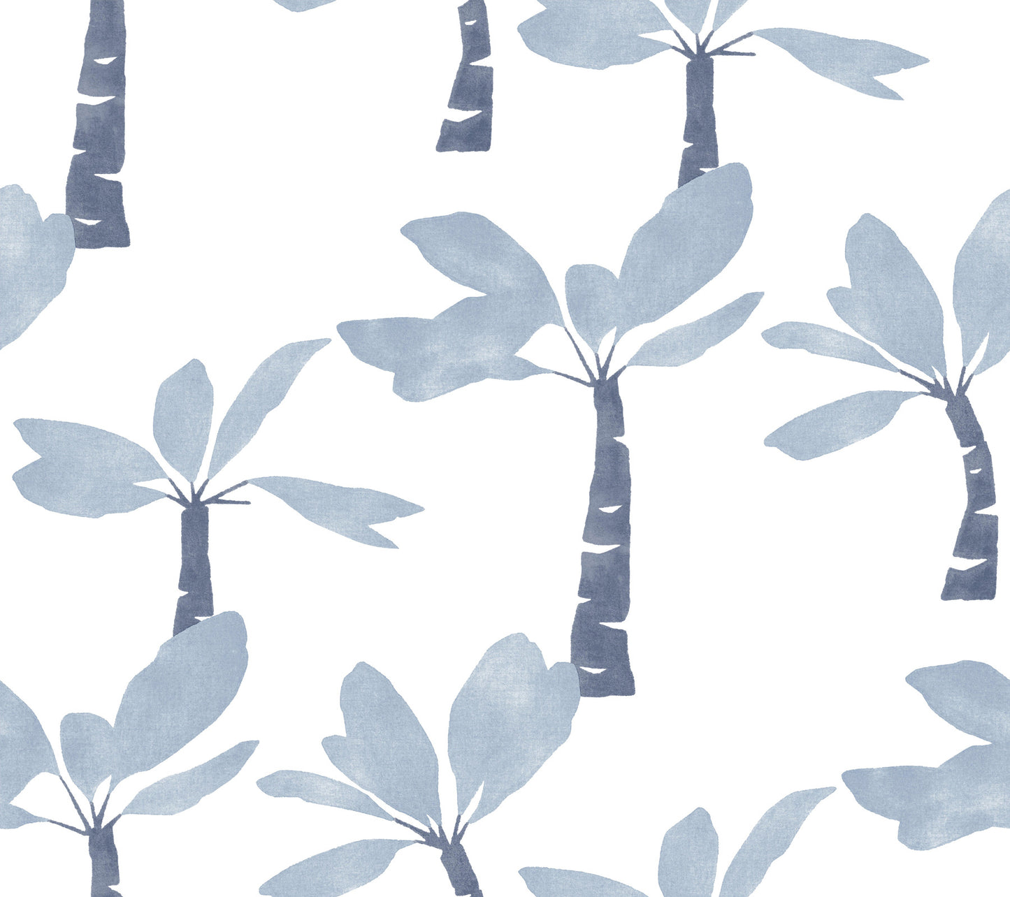 Watercolor pale blue palm trees with slender trunks and fan leaves; tropical decorative print.