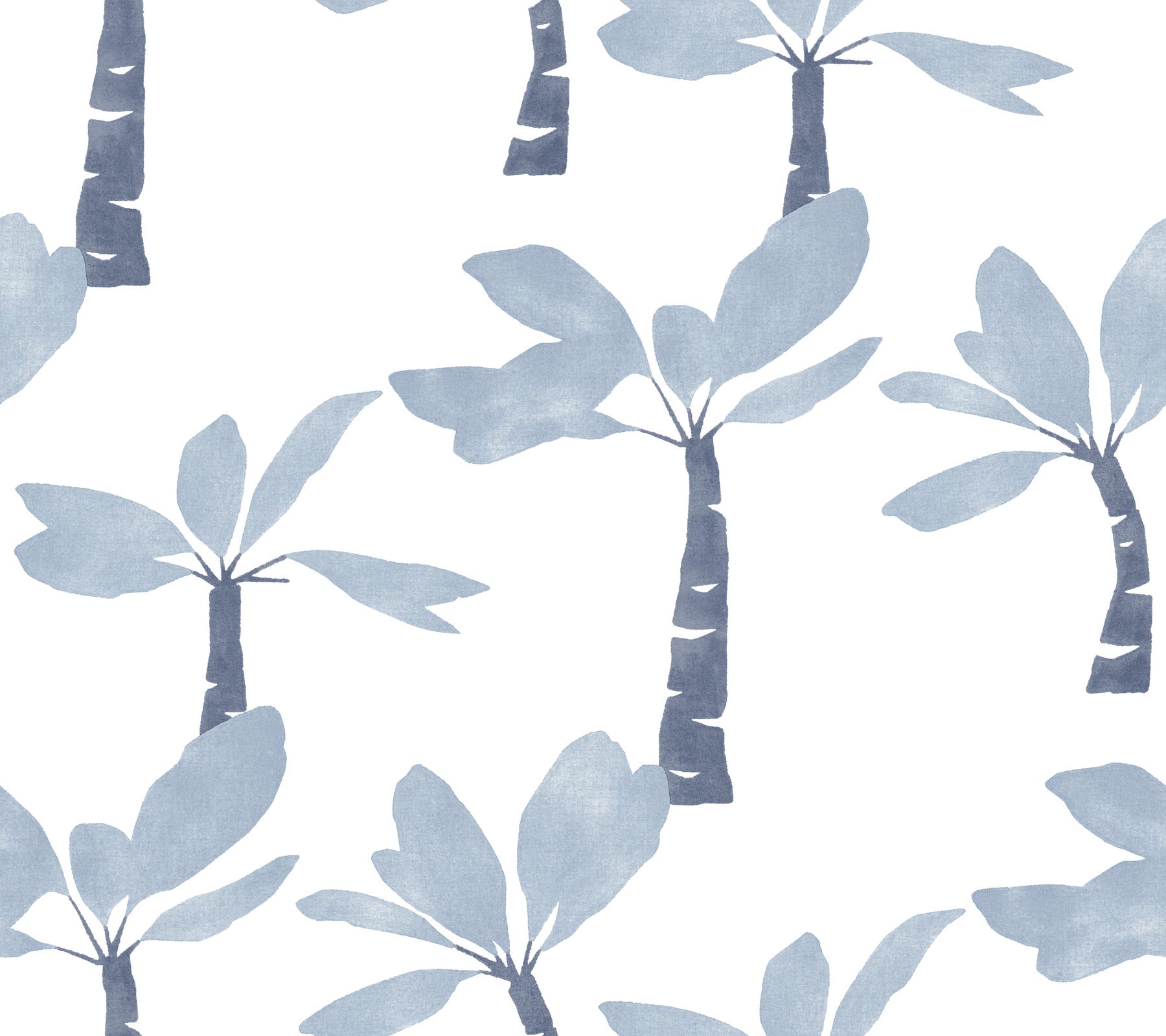 Watercolor pale blue palm trees with slender trunks and fan leaves; tropical decorative print.