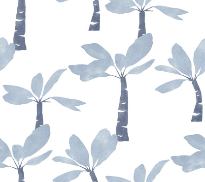 Watercolor pale blue palm trees with slender trunks and fan leaves; tropical decorative print.