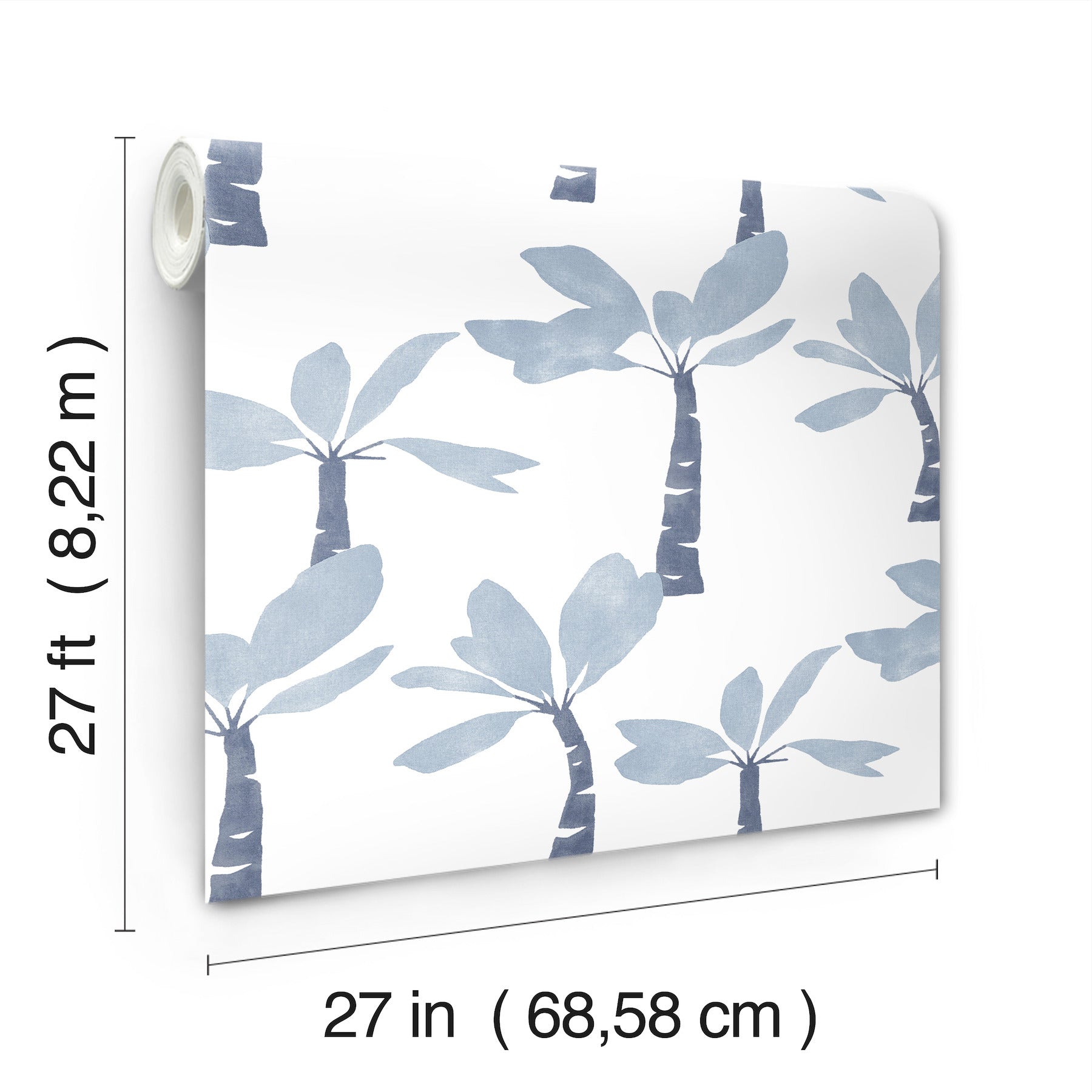 Blue palm tree silhouettes on white wallpaper roll; tropical decor, 27in wide x 27ft long.