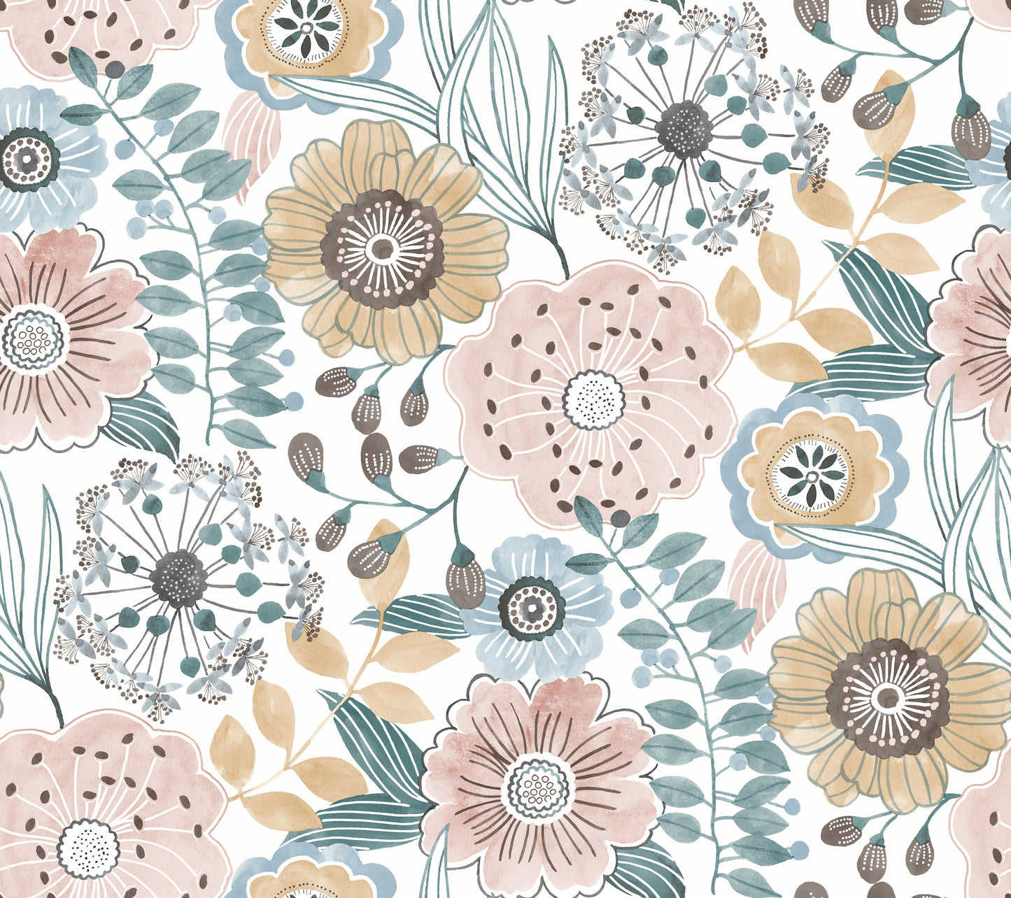 York Wallcoverings Artisan Studio Artistic Bouquet Ochre and Ocean Wallpaper Whimsical Florals Oranges   - ZM2891