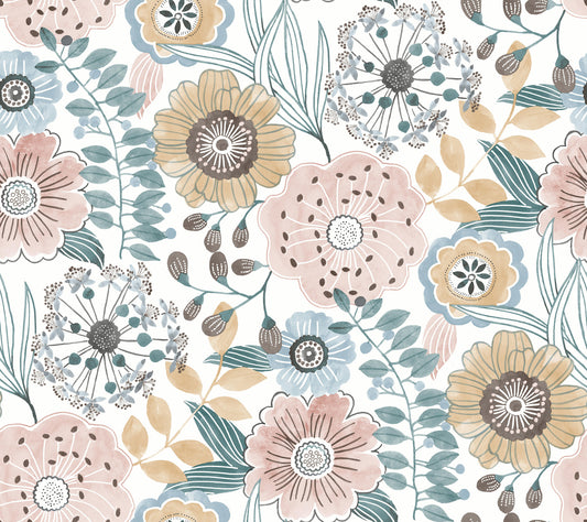 York Wallcoverings Artisan Studio Artistic Bouquet Ochre and Ocean Wallpaper Whimsical Florals Oranges   - ZM2891