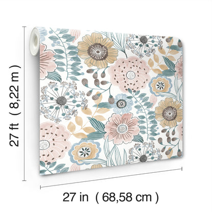 York Wallcoverings Artisan Studio Artistic Bouquet Ochre and Ocean Wallpaper Whimsical Florals Oranges   - ZM2891