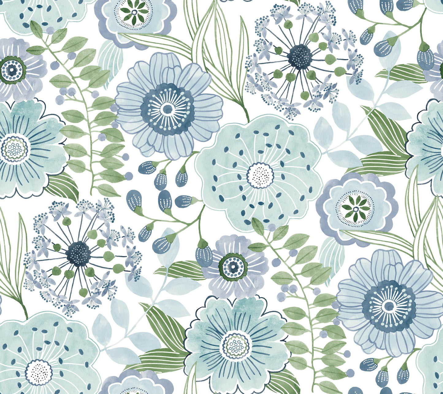 York Wallcoverings Artisan Studio Artistic Bouquet Alpine and Leaf Wallpaper Whimsical Florals Blues   - ZM2892
