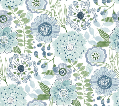 York Wallcoverings Artisan Studio Artistic Bouquet Alpine and Leaf Wallpaper Whimsical Florals Blues   - ZM2892