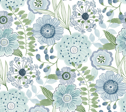 York Wallcoverings Artisan Studio Artistic Bouquet Alpine and Leaf Wallpaper Whimsical Florals Blues   - ZM2892