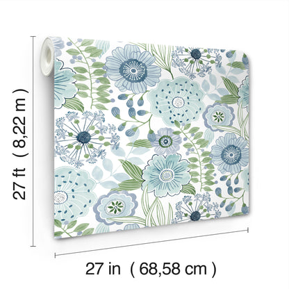 York Wallcoverings Artisan Studio Artistic Bouquet Alpine and Leaf Wallpaper Whimsical Florals Blues   - ZM2892