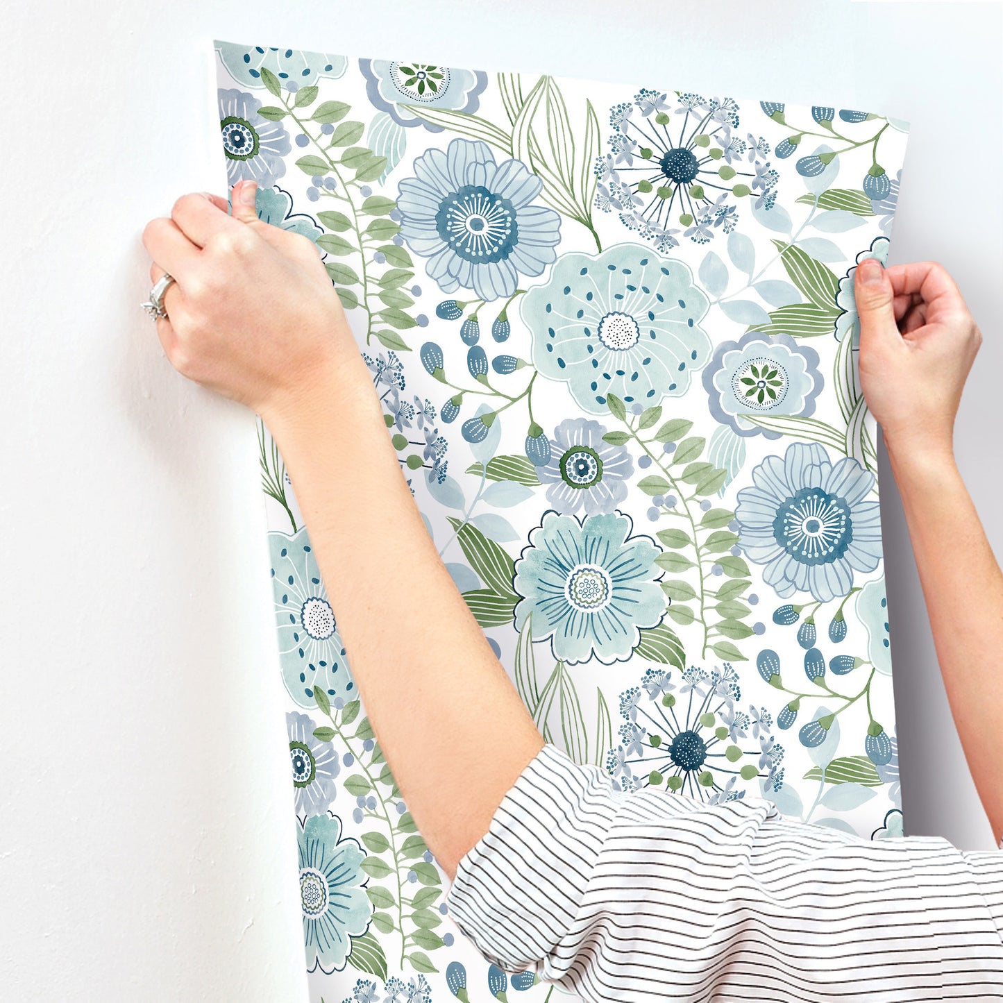 York Wallcoverings Artisan Studio Artistic Bouquet Alpine and Leaf Wallpaper Whimsical Florals Blues   - ZM2892