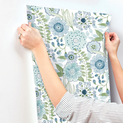 York Wallcoverings Artisan Studio Artistic Bouquet Alpine and Leaf Wallpaper Whimsical Florals Blues   - ZM2892