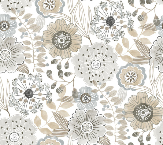 York Wallcoverings York Wallcoverings Artistic Bouquet Neutral Wallpaper Whimsical Florals Browns   - ZM2894