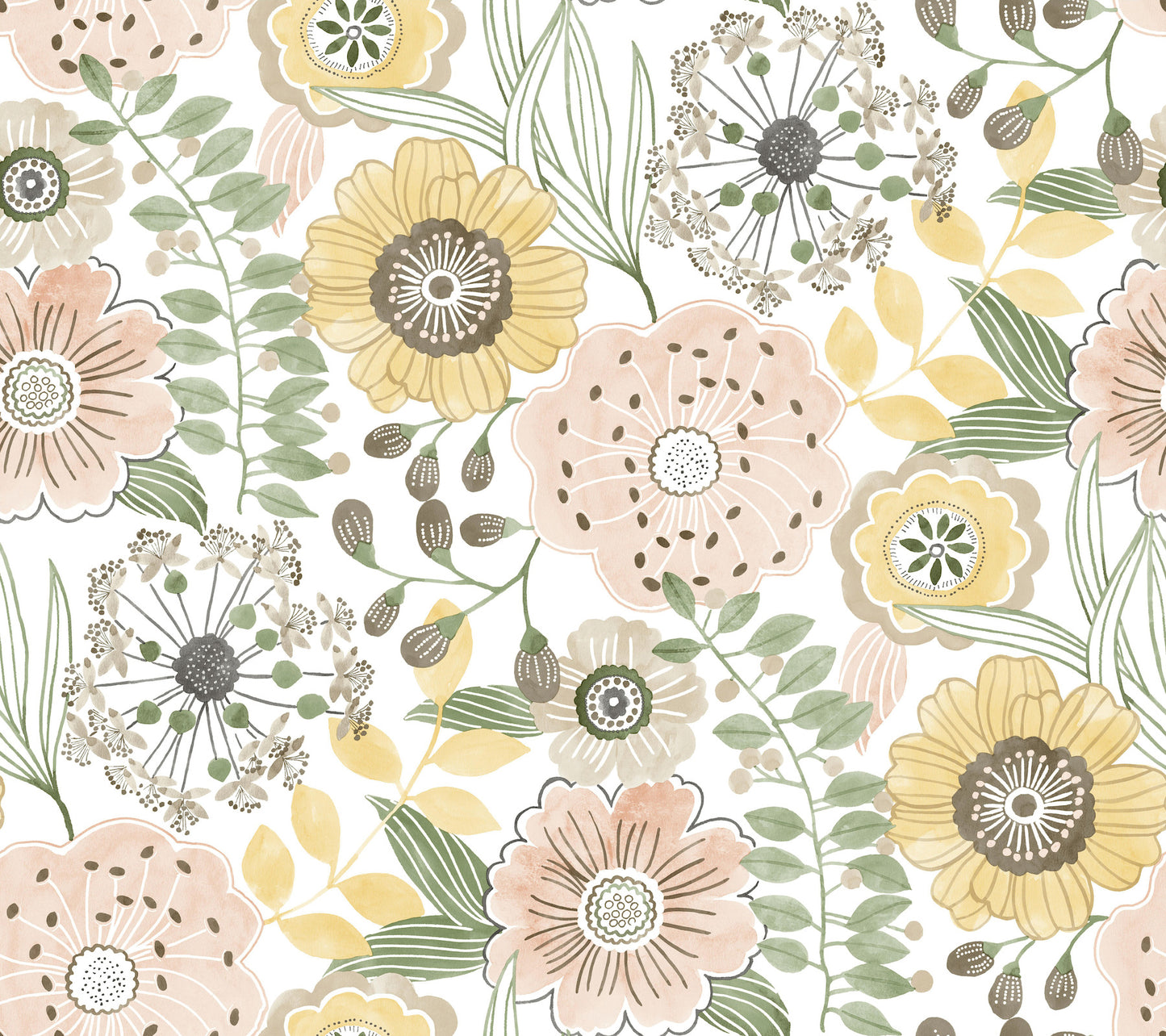 York Wallcoverings York Wallcoverings Artistic Bouquet Coral and Lemon Wallpaper Whimsical Florals Yellows   - ZM2895