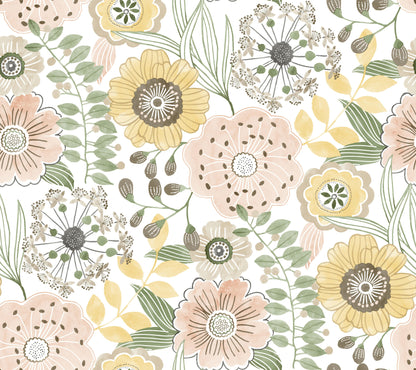 York Wallcoverings York Wallcoverings Artistic Bouquet Coral and Lemon Wallpaper Whimsical Florals Yellows   - ZM2895