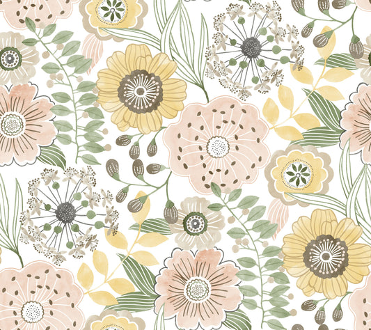 York Wallcoverings York Wallcoverings Artistic Bouquet Coral and Lemon Wallpaper Whimsical Florals Yellows   - ZM2895