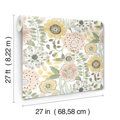 York Wallcoverings York Wallcoverings Artistic Bouquet Coral and Lemon Wallpaper Whimsical Florals Yellows   - ZM2895
