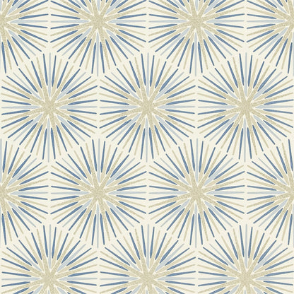 Beige & blue sunburst motifs in a repeating geometric tile pattern on a cream background; wallpaper.