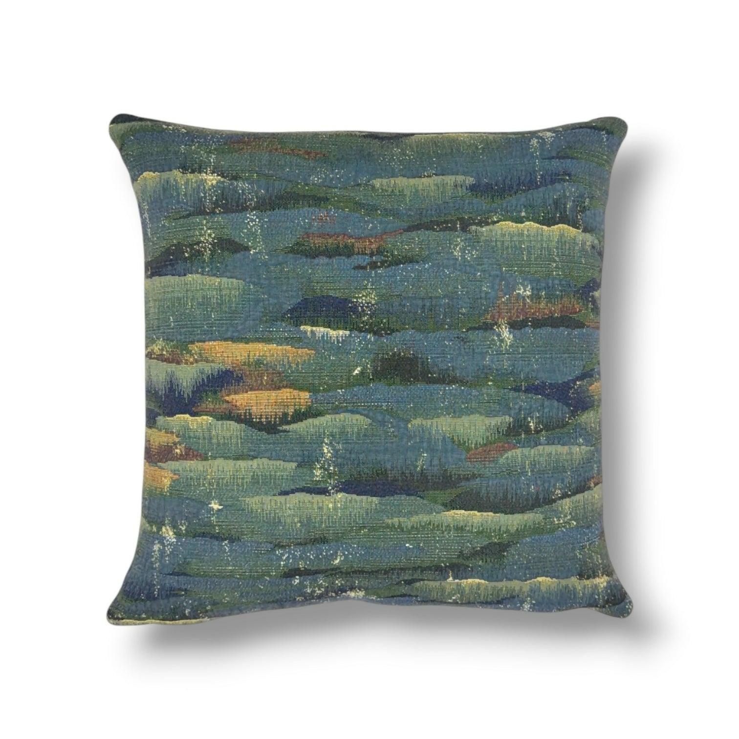 Product title: 20" Teal, Blue, Moss Green, Gold Accents Printed Cotton Linen Blend Pillow Cover in P/K Lifestyles Gathering Sky – Twilight (#412131) Fabric
