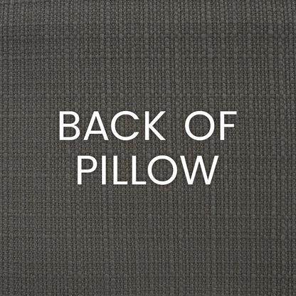 Back view of a charcoal pillow with textured dark gray fabric.