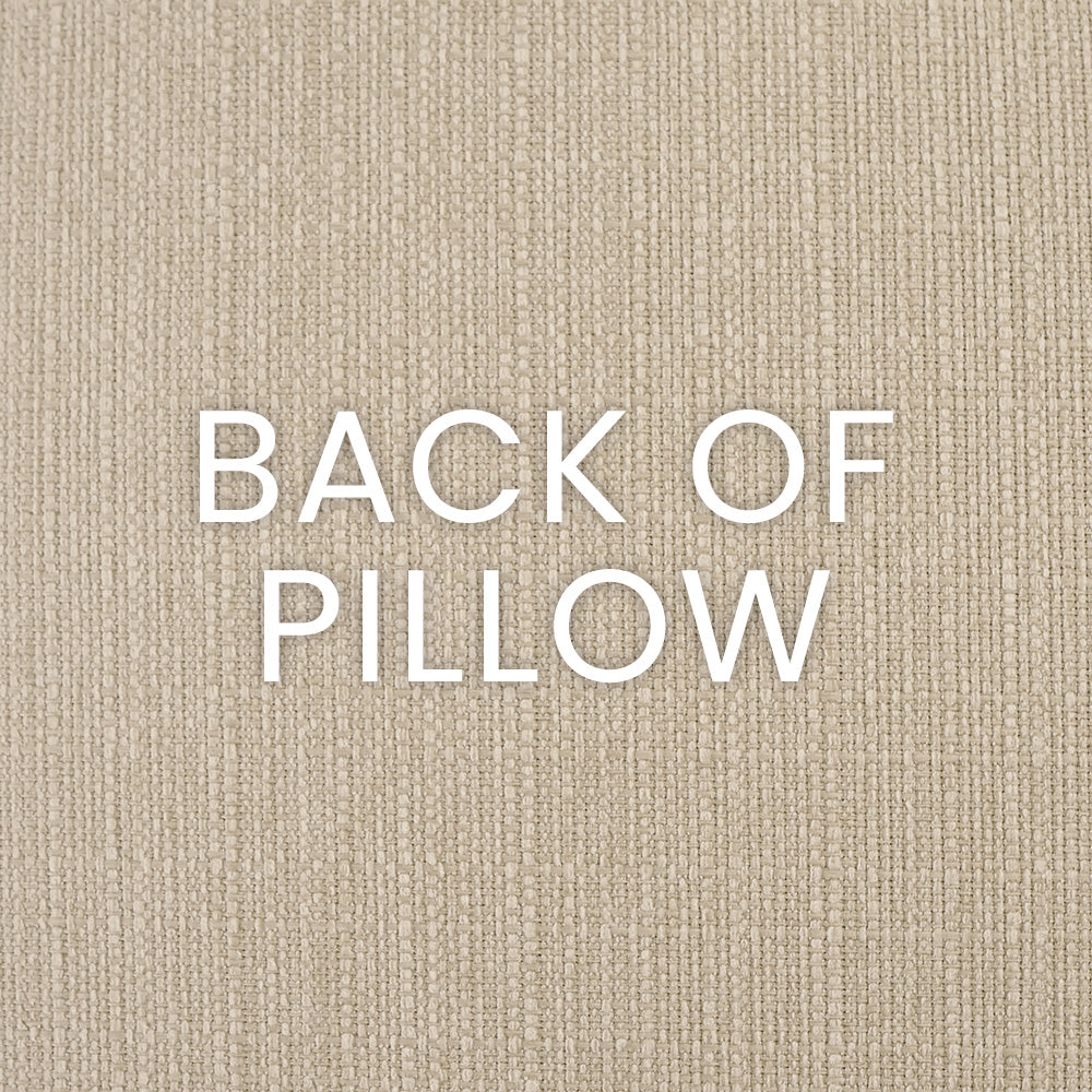 Beige woven pillow with subtle texture; white 'BACK OF PILLOW' text visible on the back.