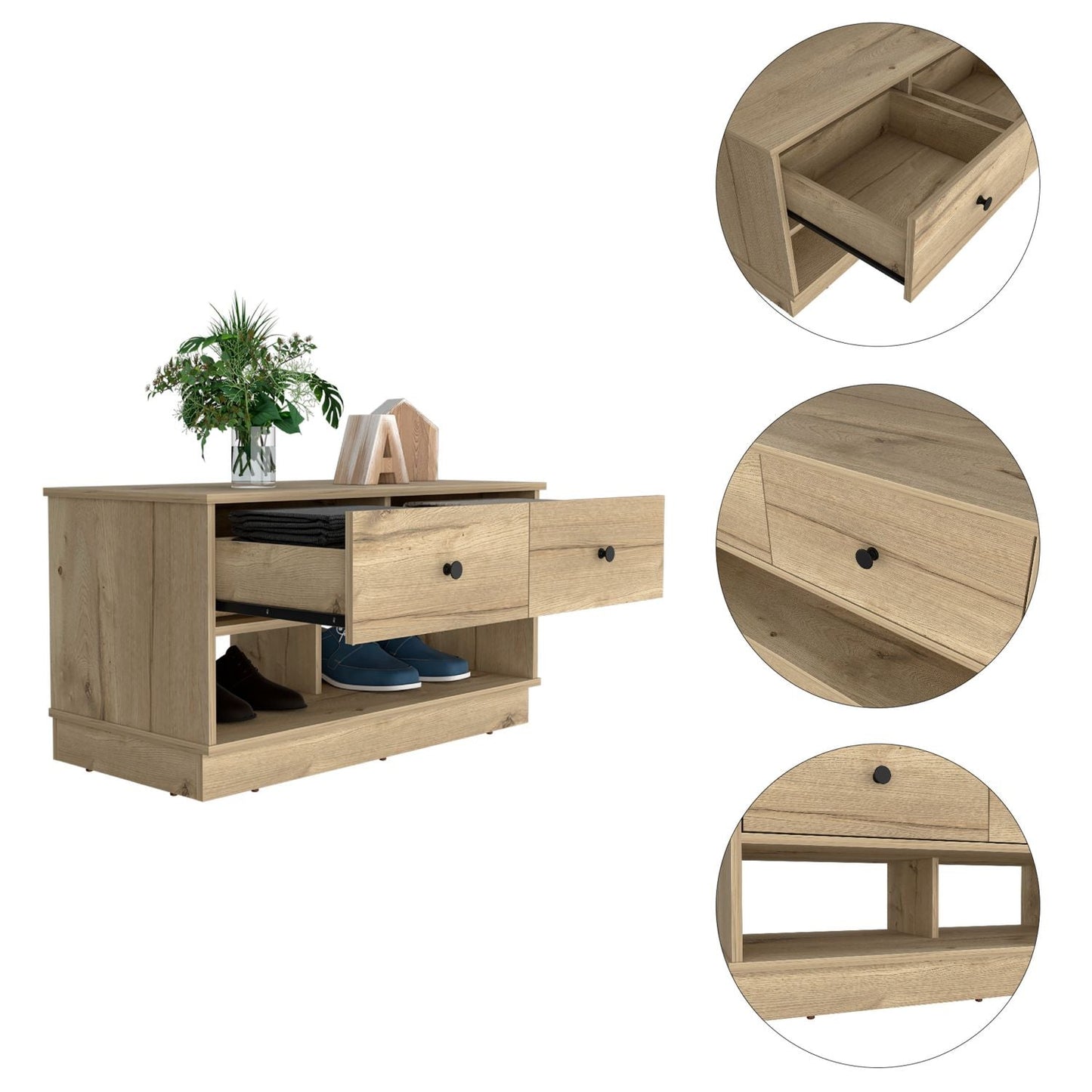 Storage Bench with Two Open Shelves & Two Drawers