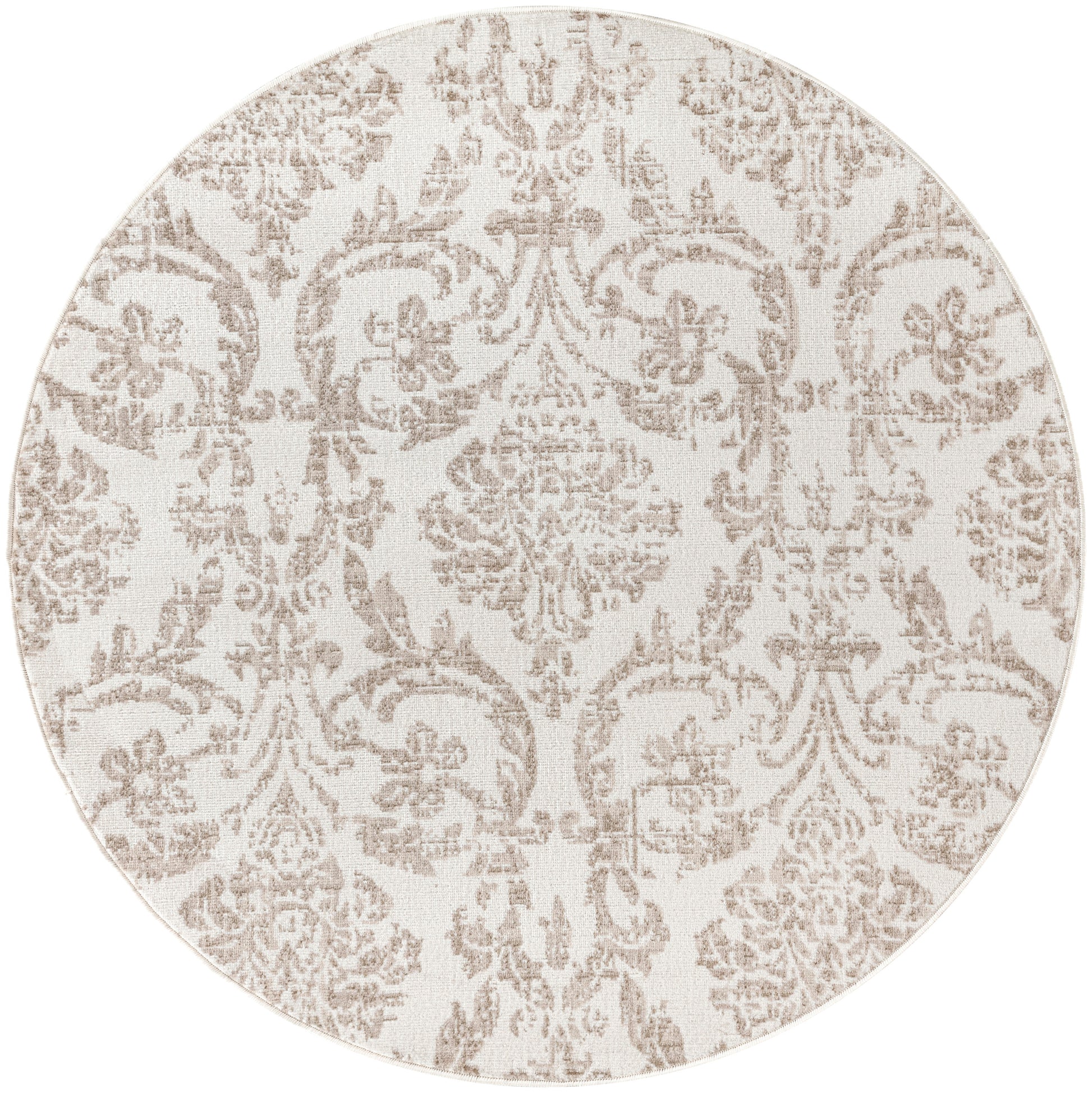Round beige rug with taupe damask pattern, soft woven texture, traditional style for living room.