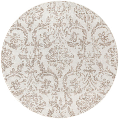 Round beige rug with taupe damask pattern, soft woven texture, traditional style for living room.
