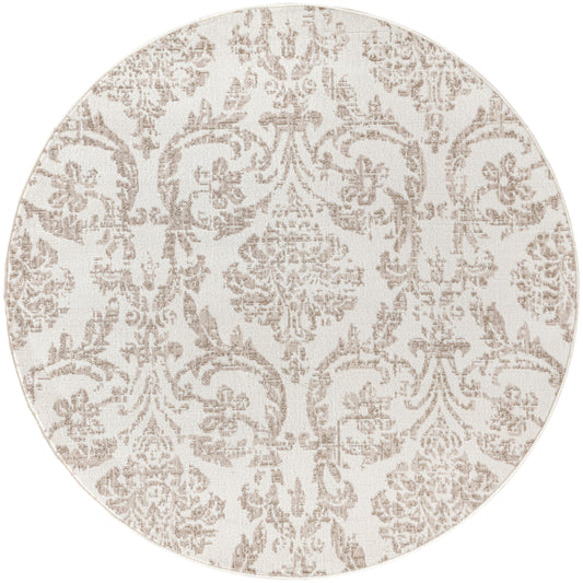 Round beige rug with taupe damask pattern, soft woven texture, traditional style for living room.