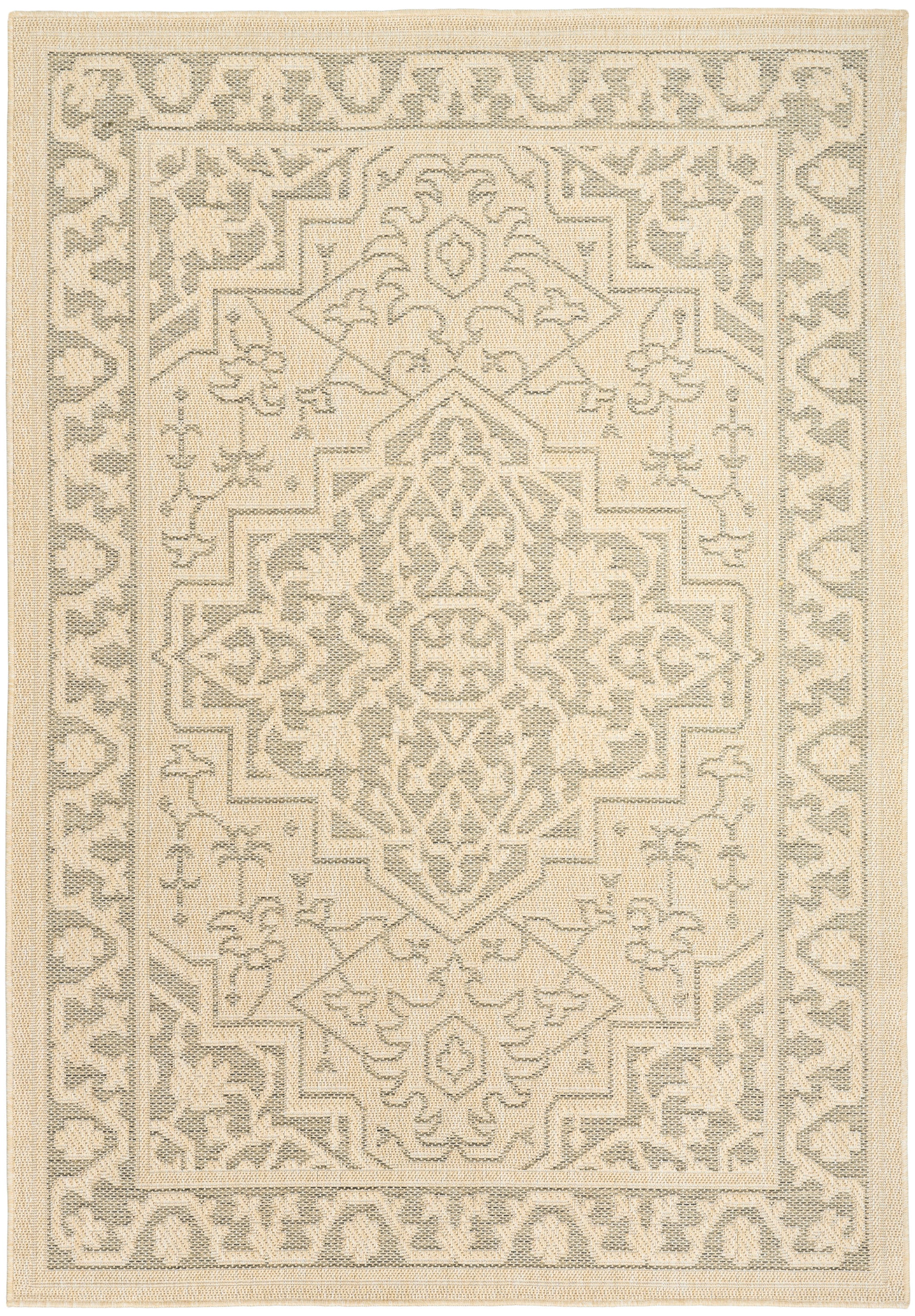 Cream and gray patterned outdoor area rug with central medallion and ornate border in vintage Persian style.