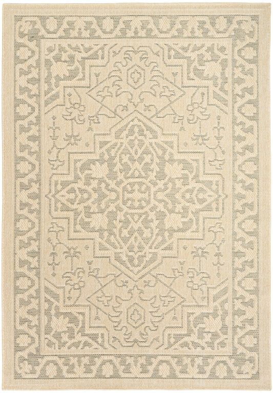 Cream and gray patterned outdoor area rug with central medallion and ornate border in vintage Persian style.