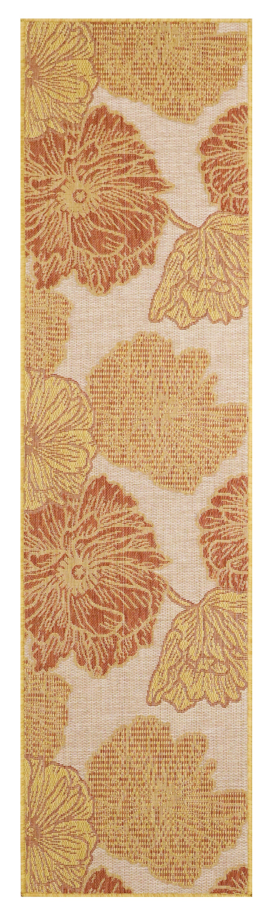 Tall fabric swatch with large orange-gold chrysanthemum-like flowers on creamy beige background; vintage floral textile.