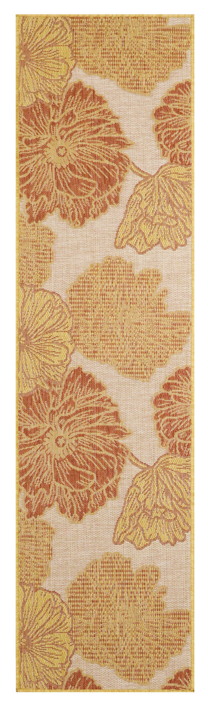 Tall fabric swatch with large orange-gold chrysanthemum-like flowers on creamy beige background; vintage floral textile.