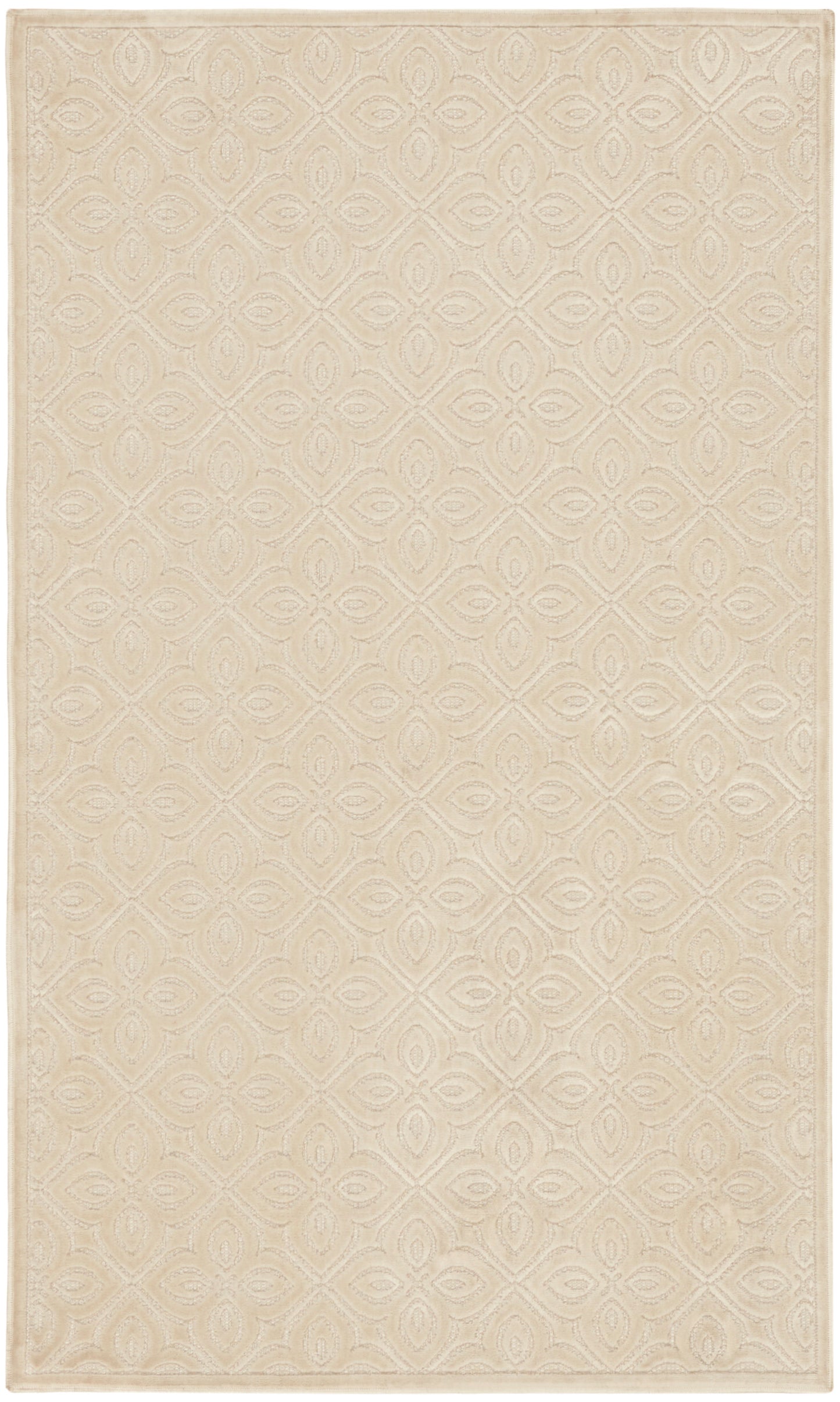 Beige rectangular rug with subtle embossed diamond pattern and circular motifs; soft, neutral living-room rug.